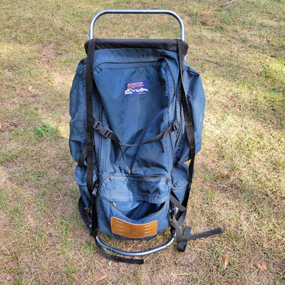 Vintage Jansport External Frame Backpack Blue Leather Patch Hiking Trail Backpac - Picture 1 of 16
